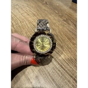 Cici & Faye Wristwatch Gold Tone Round Face Brown Buckle Band Rhinestones